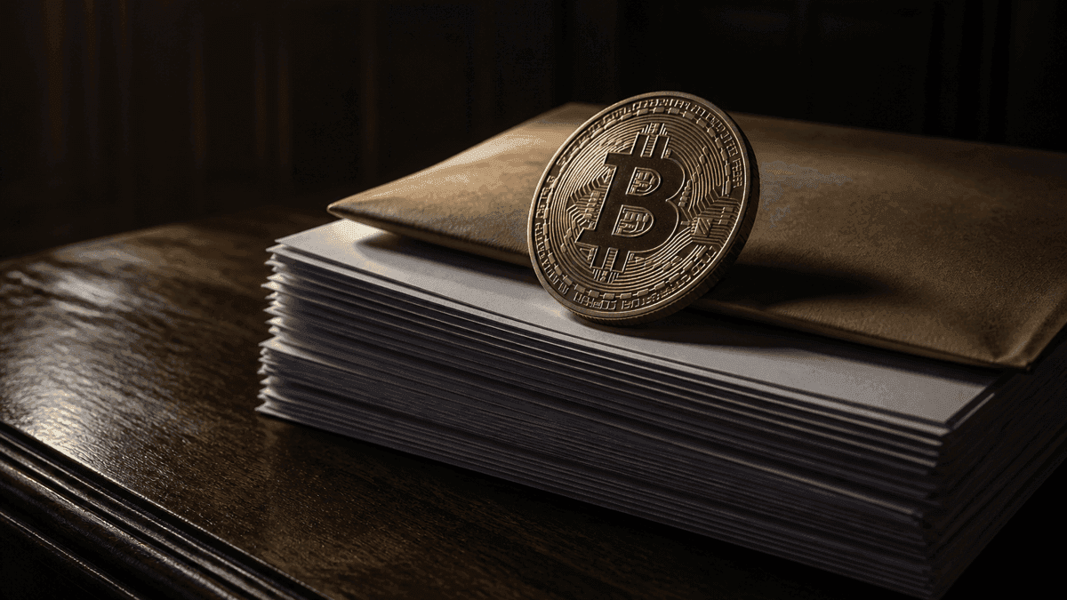Goldene Münze mit eingeprägtem Bitcoin-Symbol steht aufrecht auf einem Stapel unbeschriebener Formularbögen und einem braunen Aktenumschlag auf dunklem Holzschreibtisch