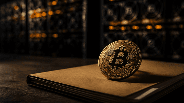Goldene Münze mit eingeprägtem Bitcoin-Symbol auf einer geschlossenen braunen Aktenmappe, dahinter unscharf eine Reihe glühender Rechnergehäuse mit Lüfterrastern