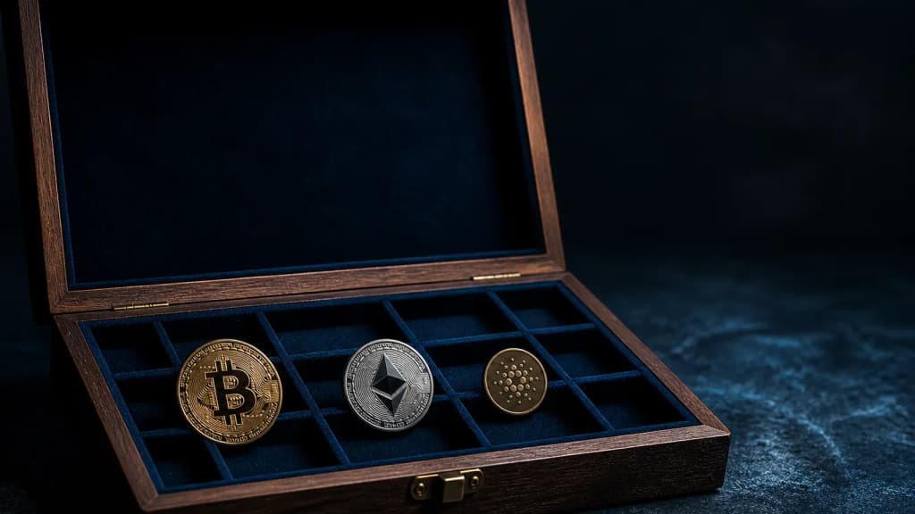 Offener Holzkasten mit Samtfächern, in drei Fächern liegen Kryptomünzen, darunter eine Bitcoin-Münze, Sinnbild für ein Krypto-Musterdepot