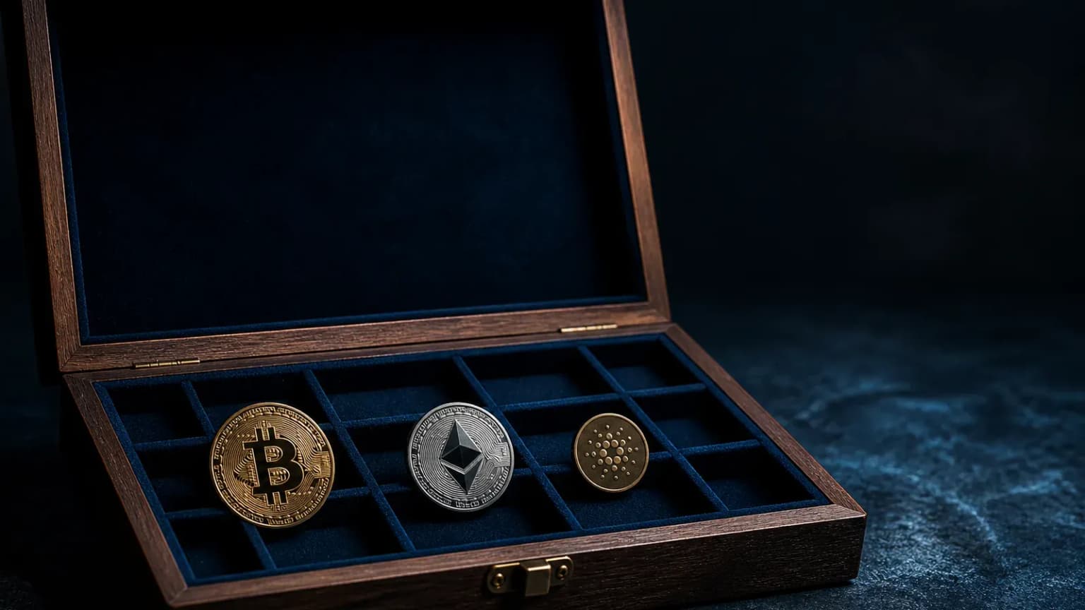 Offener Holzkasten mit Samtfächern, in drei Fächern liegen Kryptomünzen, darunter eine Bitcoin-Münze, Sinnbild für ein Krypto-Musterdepot