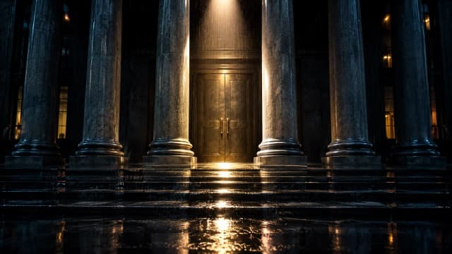 Nächtliches Säulenportal einer Finanzaufsichtsbehörde im Gegenlicht, ein Lichtkegel fällt auf eine geschlossene Bronzetür