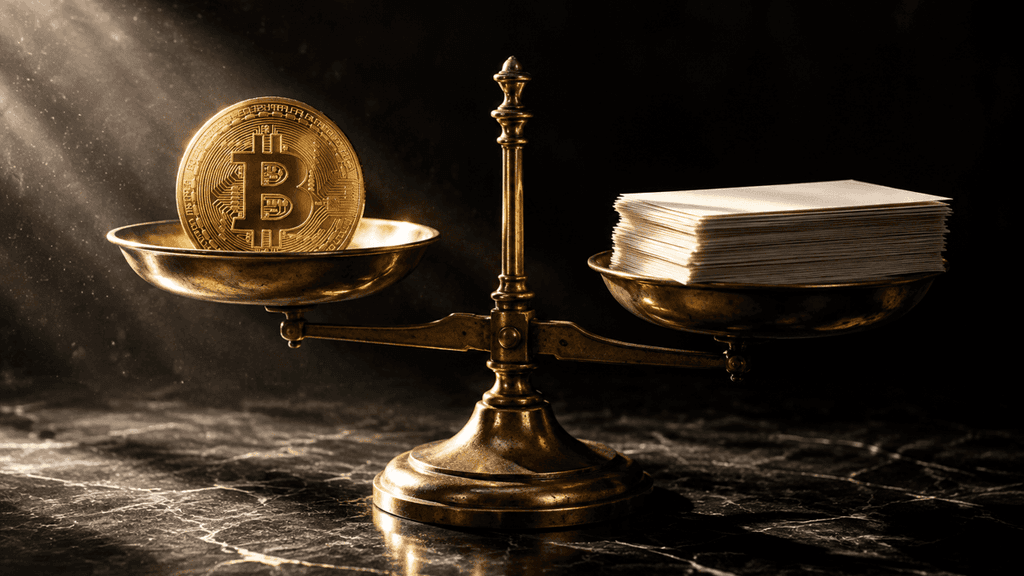 Antike Messingwaage auf dunklem Marmor, links eine goldene Münze mit Bitcoin-Zeichen, rechts ein Stapel leerer Papierbögen