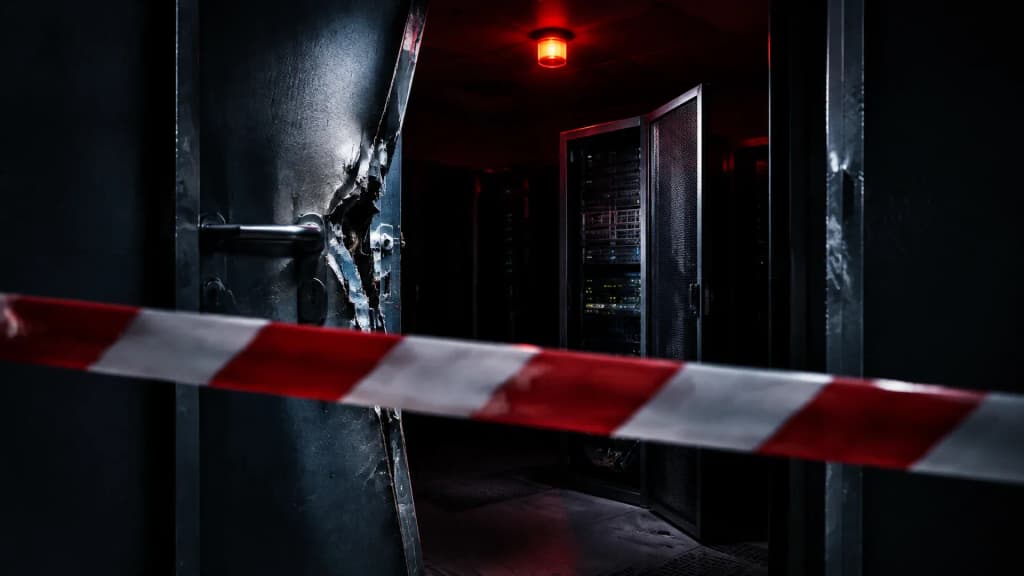 Rot-weißes Absperrband vor einer aufgebrochenen Stahltür, dahinter ein dunkler Serverraum mit offener Rack-Tür und rotem Warnlicht