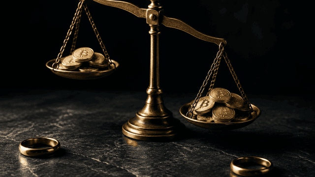 Eine messingfarbene Balkenwaage auf dunkler Steinplatte, auf beiden Schalen goldene Münzen mit Bitcoin-Zeichen, eine Schale hängt tiefer, davor zwei getrennt liegende Metallringe