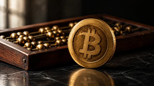 Ein alter Abakus aus dunklem Holz mit goldenen Perlen auf einem schwarzen Steintisch, davor steht eine goldene Münze mit dem Bitcoin-Zeichen