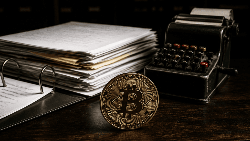 Aufgeklappter Aktenordner mit Belegstapeln, mechanischer Tischrechner und eine Metallmuenze mit Bitcoin-Zeichen auf dunklem Schreibtisch