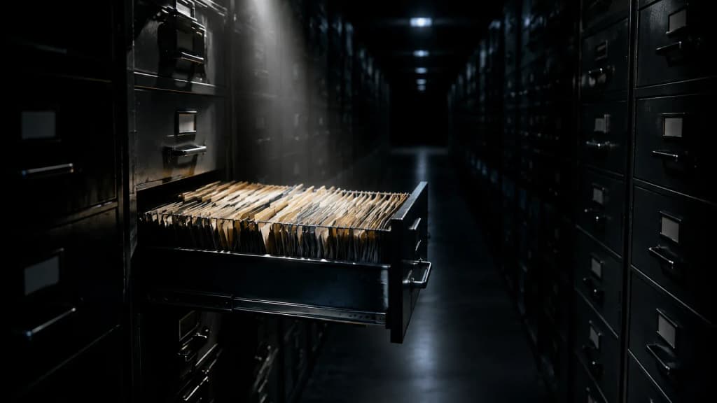 Nächtlicher Archivgang einer Behörde mit deckenhohen Stahlschränken, eine Schublade voller Hängeregister steht offen im Lichtkegel