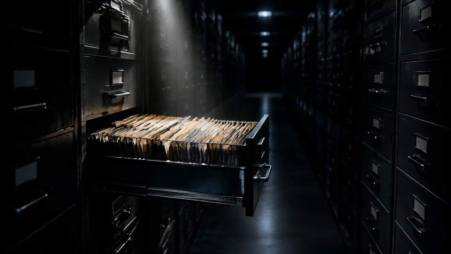 Nächtlicher Archivgang einer Behörde mit deckenhohen Stahlschränken, eine Schublade voller Hängeregister steht offen im Lichtkegel