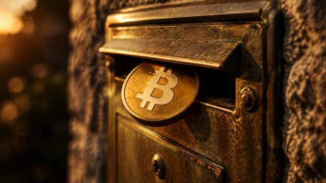 Eine goldene Münze mit dem Bitcoin-Zeichen steckt halb im Einwurfschlitz eines alten Messing-Briefkastens an einer Natursteinwand im Abendlicht