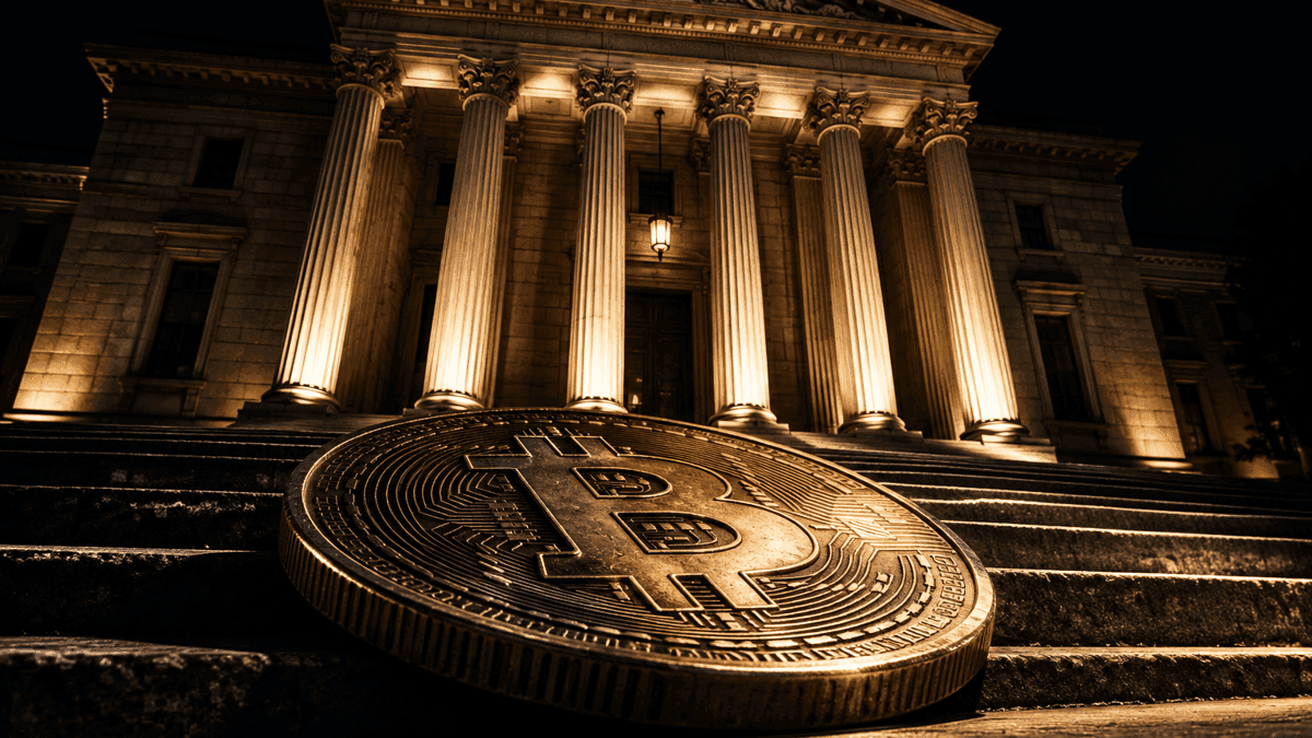 Nächtliches klassizistisches Amtsgebäude mit beleuchtetem Säulenportal, auf der Freitreppe davor liegt übergroß eine Münze mit Bitcoin-Prägung
