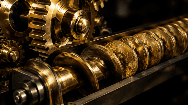 Messing-Uhrwerk, das eine Förderschnecke mit dicht gereihten Münzen mit eingeprägtem Bitcoin-Zeichen antreibt