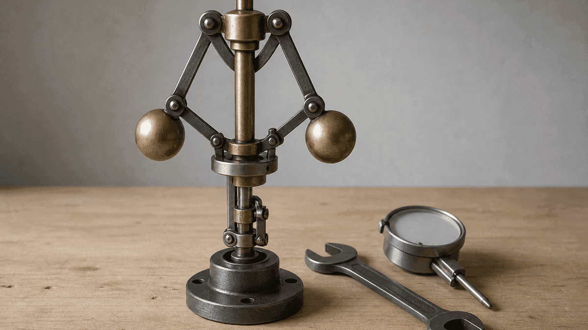 Mechanischer Fliehkraftregler aus Messing und Stahl auf einer Werkbank, daneben ein Gabelschluessel und eine Messuhr