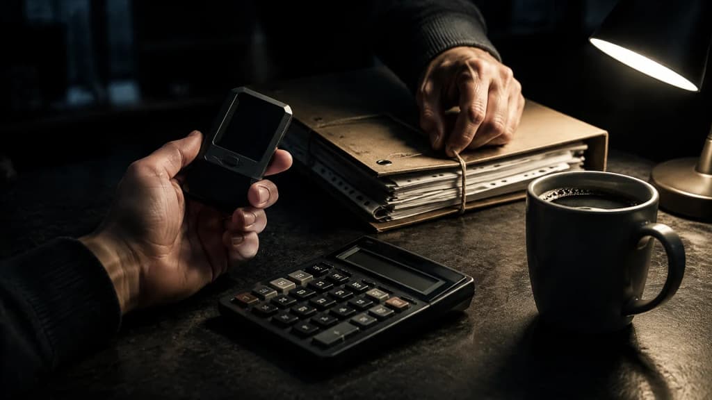 Zwei Hände an einem dunklen Küchentisch: eine hält eine markenlose Hardware-Wallet, die andere schnürt einen Pappordner mit gelochten Papieren zu, daneben ein mechanischer Taschenrechner