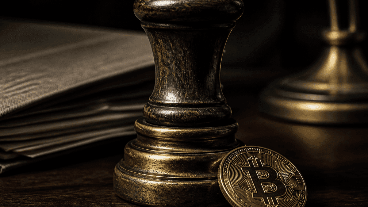Buerostempel aus Holz und Messing auf dunkler Schreibtischplatte, davor eine gepraegte Muenze mit Bitcoin-Symbol, im Hintergrund ein Aktenstapel