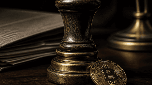 Buerostempel aus Holz und Messing auf dunkler Schreibtischplatte, davor eine gepraegte Muenze mit Bitcoin-Symbol, im Hintergrund ein Aktenstapel