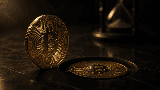 Zwei physische Bitcoin-Münzen auf dunklem Stein: eine liegt flach in einer Vertiefung, die zweite steht aufrecht daneben, im Hintergrund eine Sanduhr
