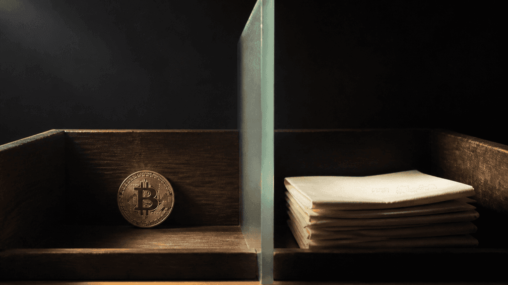 Zwei durch eine dicke Glastrennwand getrennte Holzablagen auf einem Schreibtisch, links eine Münze mit eingeprägtem Bitcoin-Symbol, rechts ein Stapel leerer Papierbögen