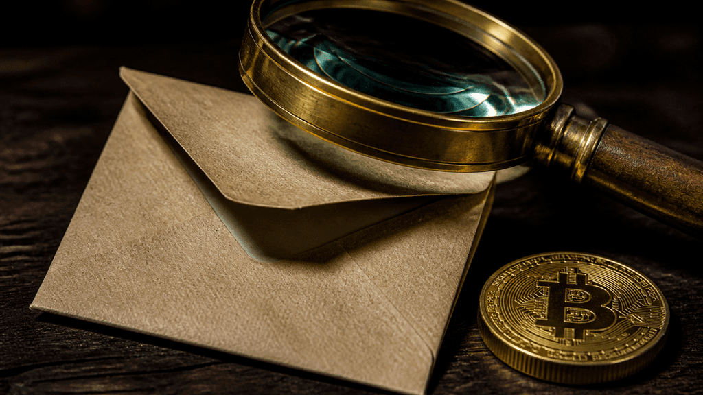 Geöffneter Briefumschlag auf dunklem Holz, darüber eine Messinglupe, daneben eine goldene Münze mit eingeprägtem Bitcoin-Zeichen