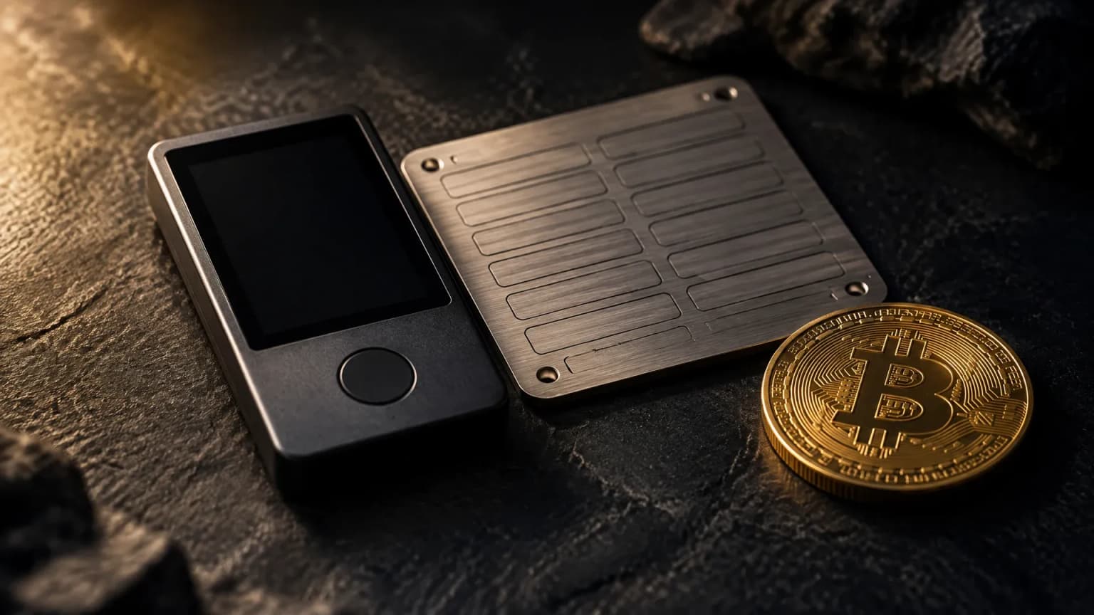 Eine Hardware-Wallet ohne Markenzeichen liegt neben einer Metallplatte für die Wiederherstellungswörter und einer goldenen Bitcoin-Münze