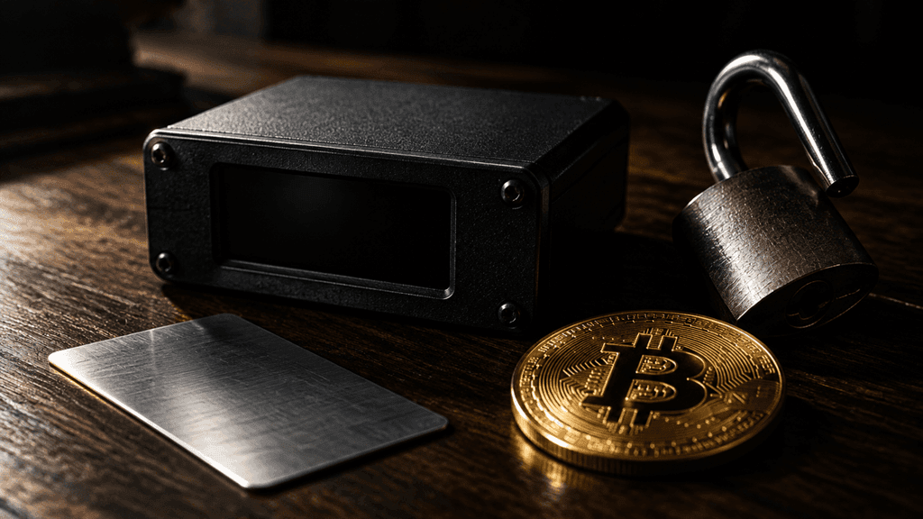 Kompaktes schwarzes Verwahrgerät mit leerem Display neben geöffnetem Vorhängeschloss, Stahlplättchen und goldener Münze mit Bitcoin-Zeichen auf dunkler Eiche