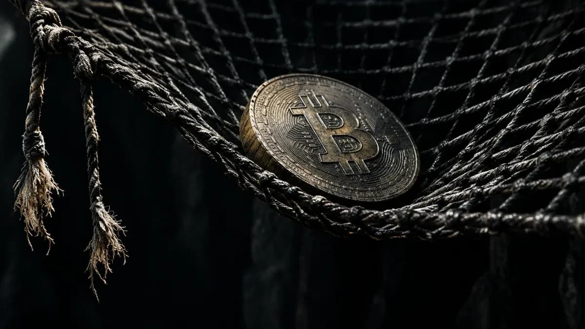 Gespanntes Sicherheitsnetz aus Tau über dunklem Abgrund, in der Mitte drückt eine schwere Münze mit Bitcoin-Zeichen das Netz durch, links hängen zwei gerissene Taue herab