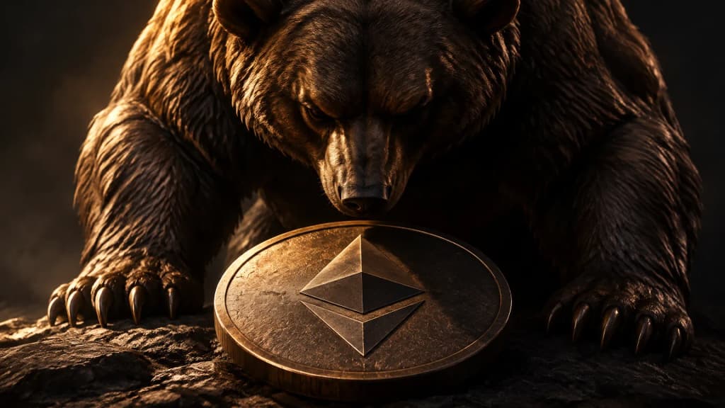 Bronzefarbener Bär senkt den Kopf über eine schwere Münze mit dem Ethereum-Zeichen.