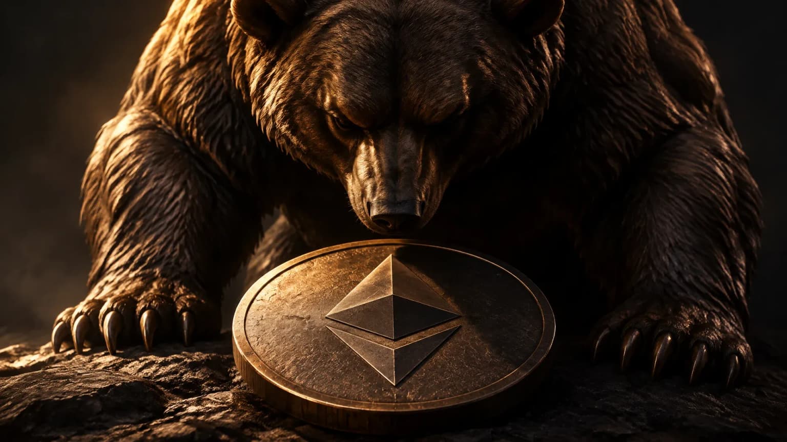 Bronzefarbener Bär senkt den Kopf über eine schwere Münze mit dem Ethereum-Zeichen.