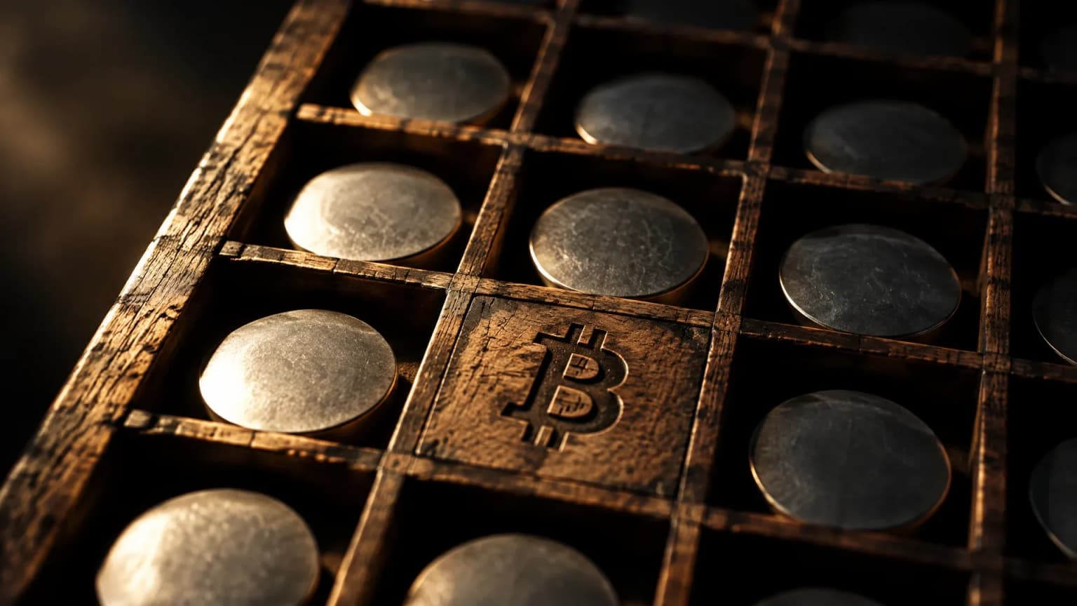 Hölzerner Setzkasten mit vielen Fächern, in jedem Fach ein blankes Metallplättchen, in eine Holzblende ist das Bitcoin-Zeichen eingraviert