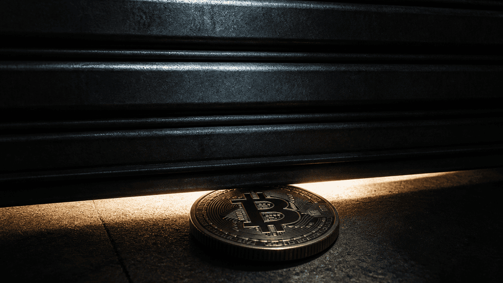 Herabfahrendes Stahl-Rolltor einer Lagerhalle, im letzten Lichtspalt eine schwere Münze mit eingeprägtem Bitcoin-Zeichen
