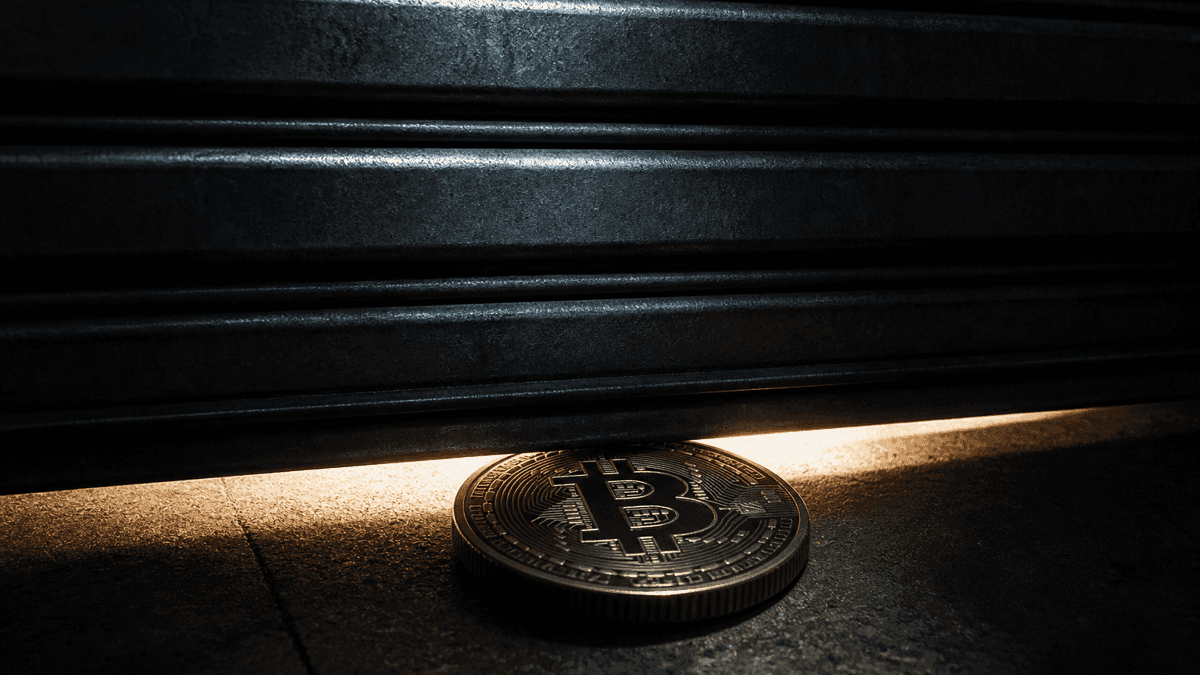 Rideau métallique d'un entrepôt en train de descendre, une lourde pièce frappée du signe bitcoin dans le dernier rai de lumière