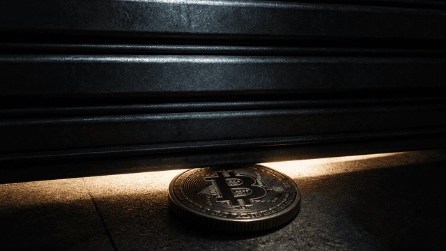 Herabfahrendes Stahl-Rolltor einer Lagerhalle, im letzten Lichtspalt eine schwere Münze mit eingeprägtem Bitcoin-Zeichen
