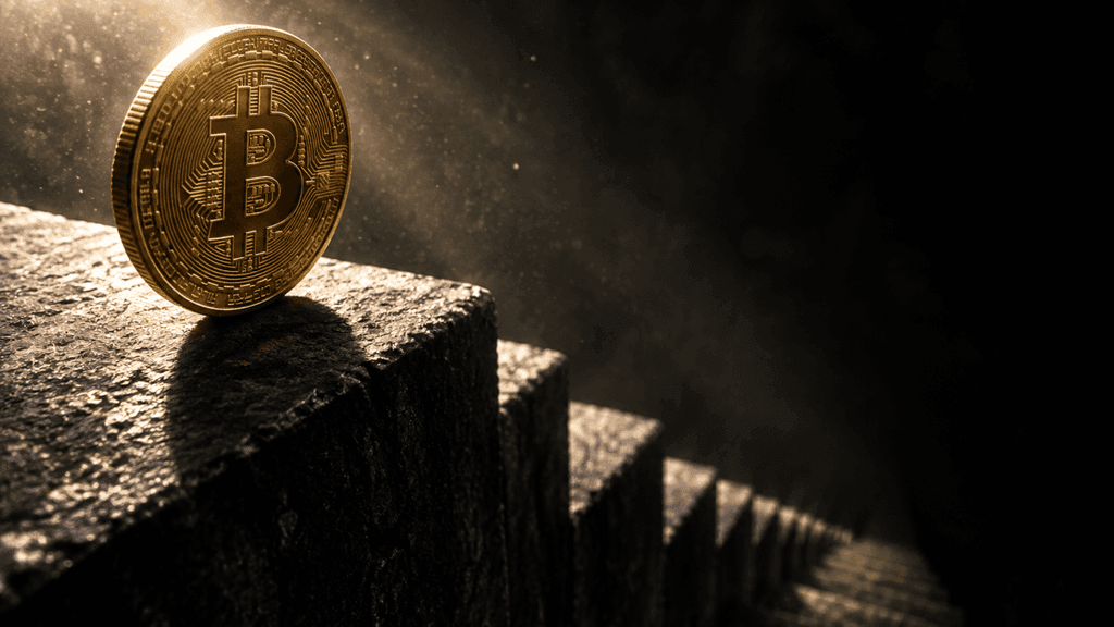 Goldene Münze mit eingeprägtem Bitcoin-Zeichen auf der obersten Stufe einer steilen, dunklen Steintreppe