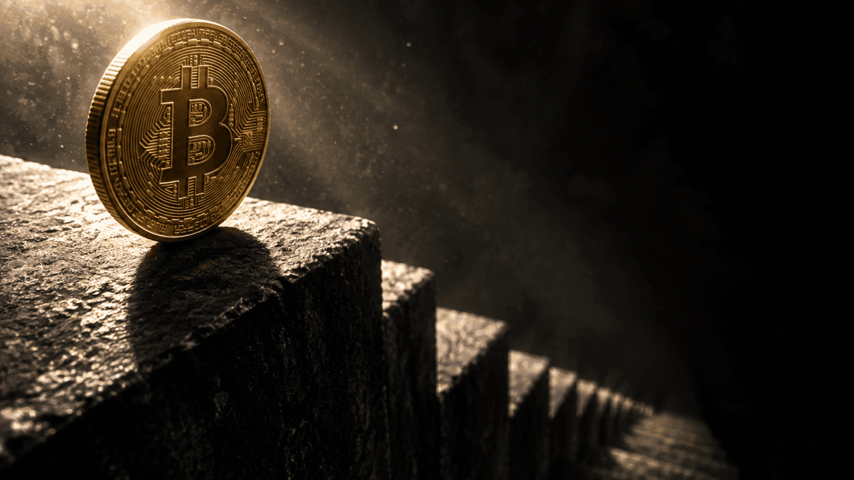 Goldene Münze mit eingeprägtem Bitcoin-Zeichen auf der obersten Stufe einer steilen, dunklen Steintreppe
