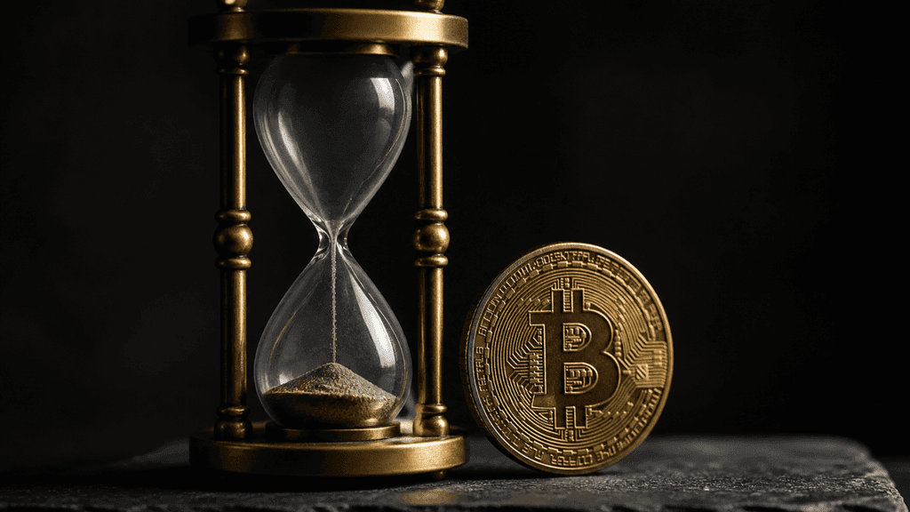 Fast durchgelaufene Sanduhr aus Messing neben einer aufrecht stehenden Goldmünze mit Bitcoin-Symbol auf dunkler Schieferplatte