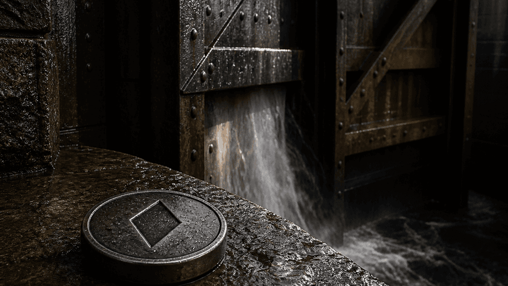 Schwere nasse Stahl-Schleusenkammer mit einem spaltbreit geoeffneten Schleusentor, Wasser stuerzt hindurch, im Vordergrund eine Metallmuenze mit eingepraegtem rautenfoermigem Symbol