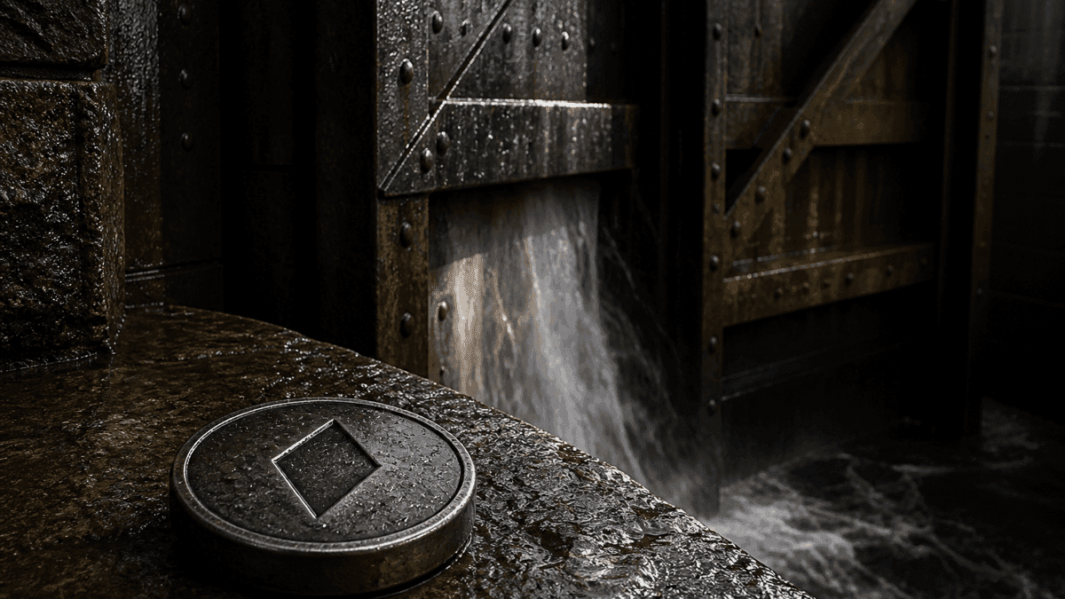 Schwere nasse Stahl-Schleusenkammer mit einem spaltbreit geoeffneten Schleusentor, Wasser stuerzt hindurch, im Vordergrund eine Metallmuenze mit eingepraegtem rautenfoermigem Symbol