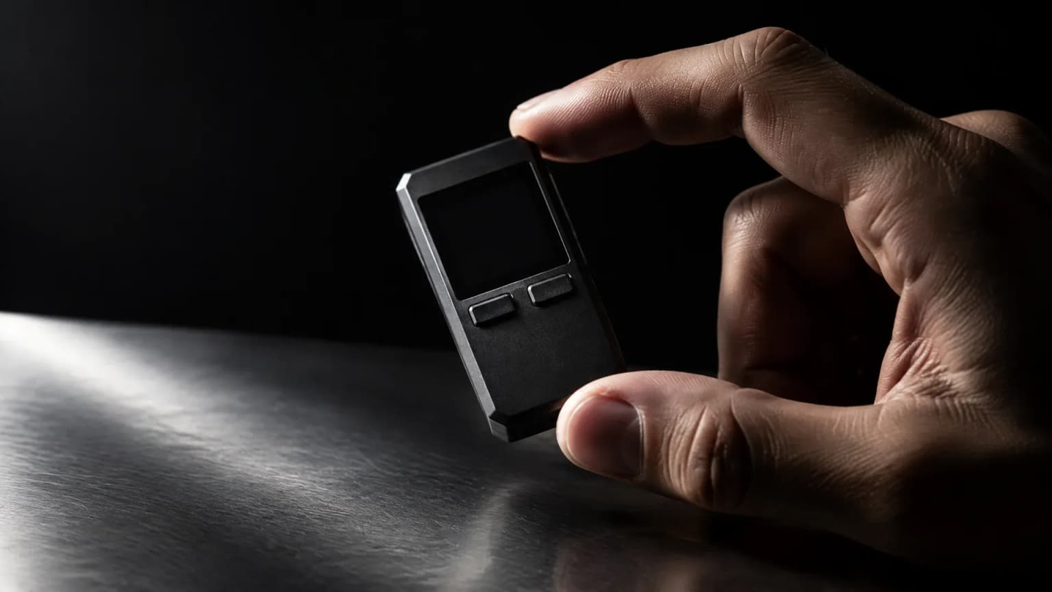 Markenlose Hardware-Wallet mit dunklem Display in einer Hand auf einem Metalltisch