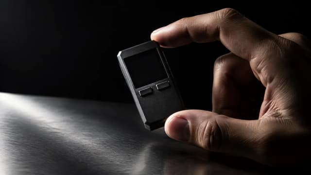 Markenlose Hardware-Wallet mit dunklem Display in einer Hand auf einem Metalltisch