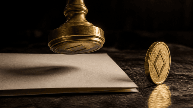 Messing-Siegelstempel schwebt ueber einem unbedruckten Bogen Papier, darunter ragt die Kante eines zweiten, verborgenen Bogens hervor, daneben eine Goldmuenze mit rautenfoermigem Symbol