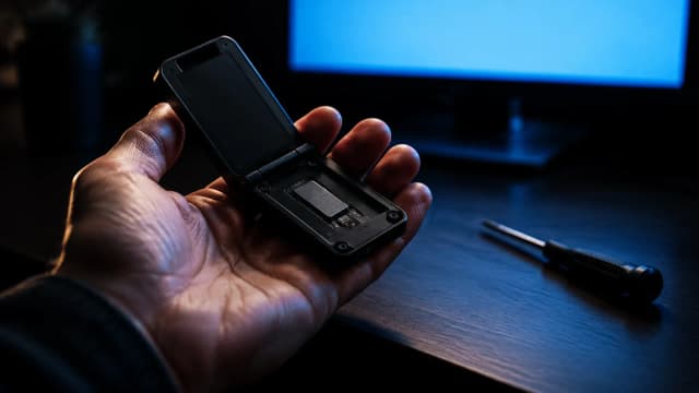 Markenlose schwarze Hardware-Wallet aufgeklappt in einer geöffneten Handfläche, dahinter ein Monitor als kalte blaue Lichtfläche, daneben ein dünner Schraubendreher