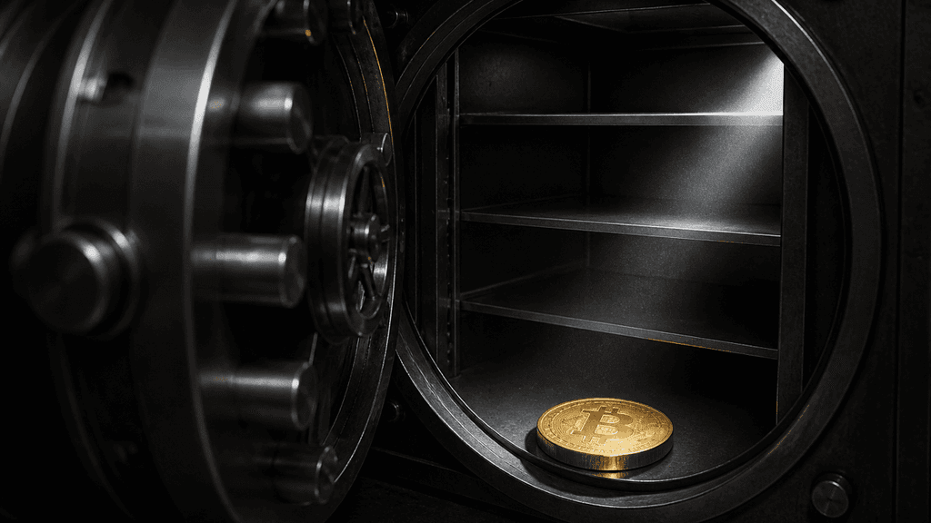 Geöffnete Stahltresorkammer mit fast leeren Regalböden, auf dem untersten Boden liegt eine einzelne Goldmünze mit eingeprägtem Bitcoin-Zeichen