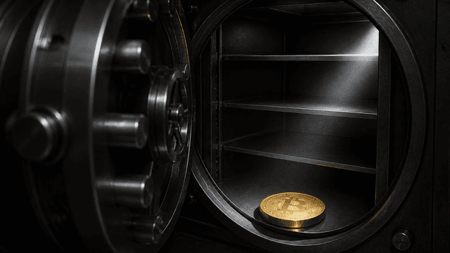 Geöffnete Stahltresorkammer mit fast leeren Regalböden, auf dem untersten Boden liegt eine einzelne Goldmünze mit eingeprägtem Bitcoin-Zeichen