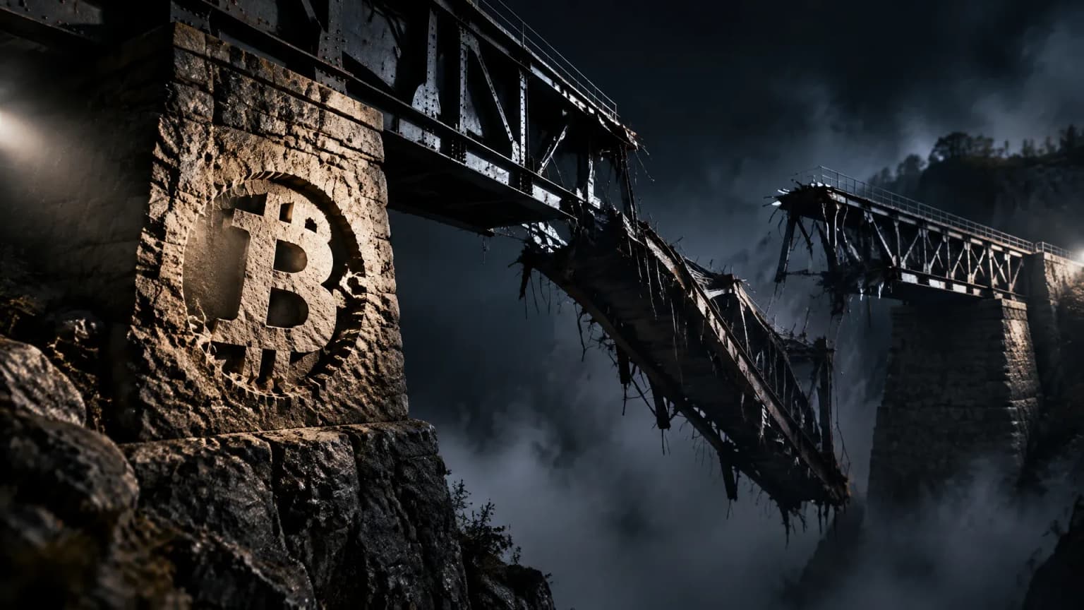 Stählerne Eisenbahnbrücke bei Nacht, deren Mittelfeld herausgebrochen in die Felsschlucht hängt, im Granitpfeiler am Brückenkopf das eingemeißelte Bitcoin-Zeichen