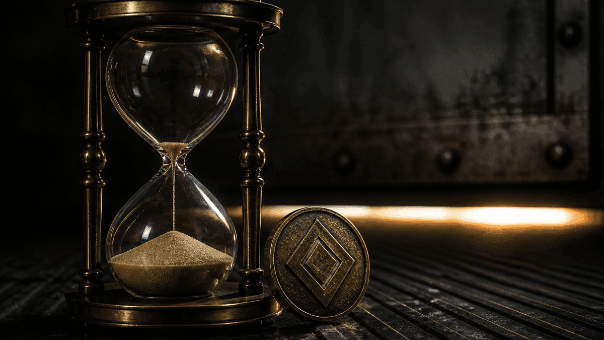 Fast durchgelaufene Messing-Sanduhr neben einer Metallmünze mit eingeprägtem Rautensymbol, dahinter eine sich senkende Stahlklappe