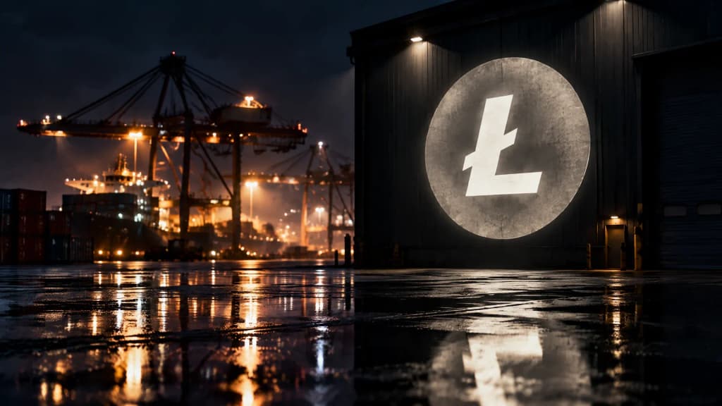 Nächtliches Frachtterminal mit Containerkränen, an der Lagerhallenwand leuchtet das Litecoin-Zeichen