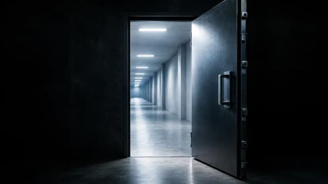Offene schwere Tür vor einem leeren beleuchteten Gang