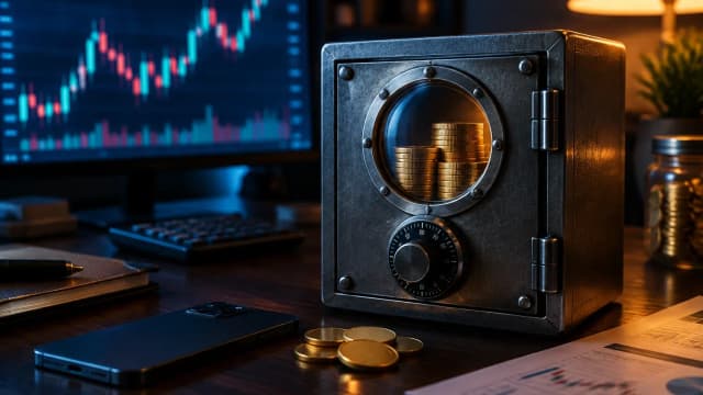 Gold coins inside a small time-lock safe with a glass window on a desk next to a smartphone and a chart
