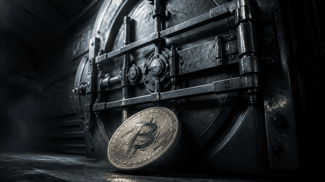 Verriegelte Stahl-Schleusentuer in einem Tunnel, davor eine grosse Muenze mit eingepraegtem Bitcoin-Zeichen, die nicht hindurchkommt