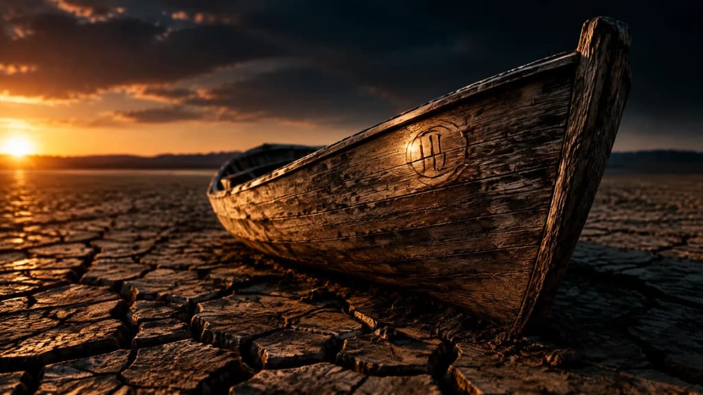 Gestrandetes Holzboot auf dem rissigen, ausgetrockneten Grund eines weiten Seebeckens im Abendlicht, im Rumpf ein kleines eingraviertes Kreissymbol