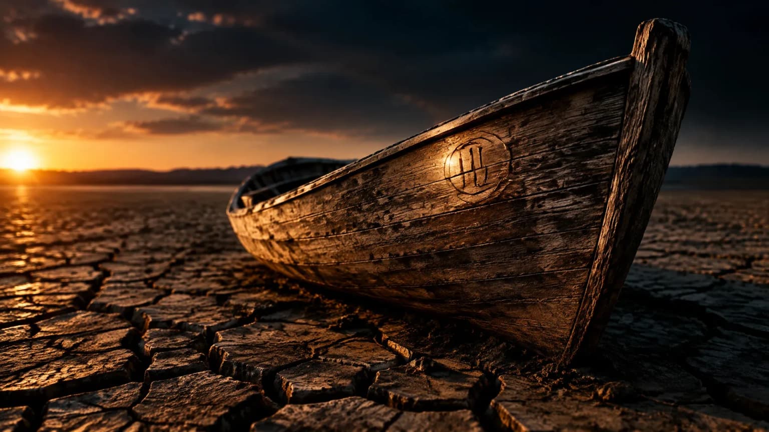 Gestrandetes Holzboot auf dem rissigen, ausgetrockneten Grund eines weiten Seebeckens im Abendlicht, im Rumpf ein kleines eingraviertes Kreissymbol